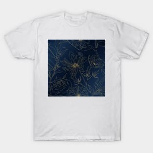 Elegant Blue Gold Flowers Line Art T-Shirt